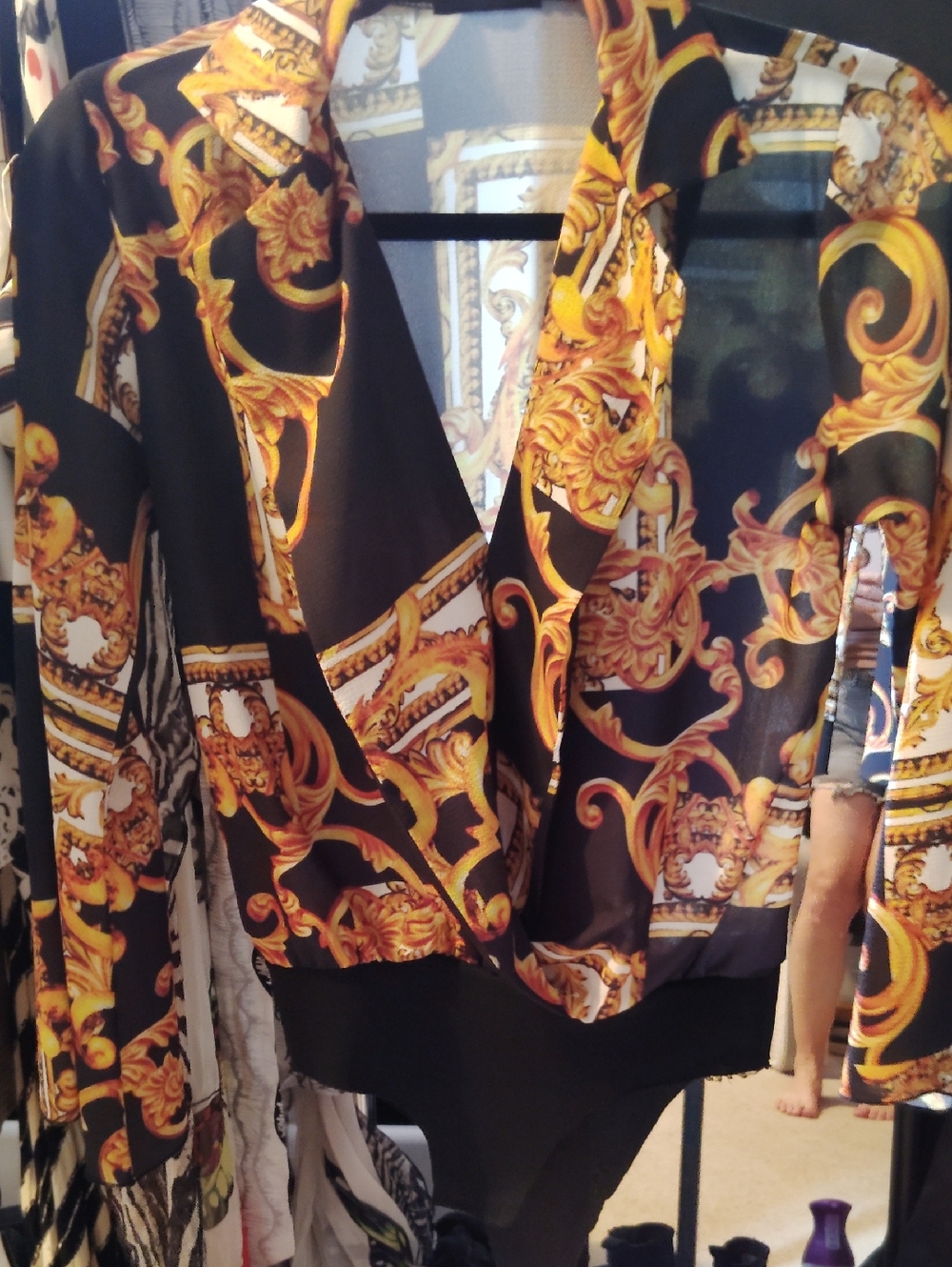 PrettyLittleThing Black and Gold Baroque Print Bodysuit S